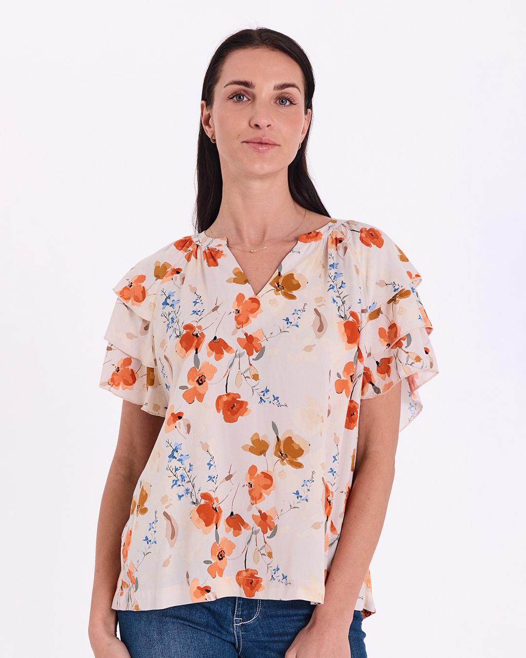 Blus Adney v-ringad blommig aprikos/ljusbeige