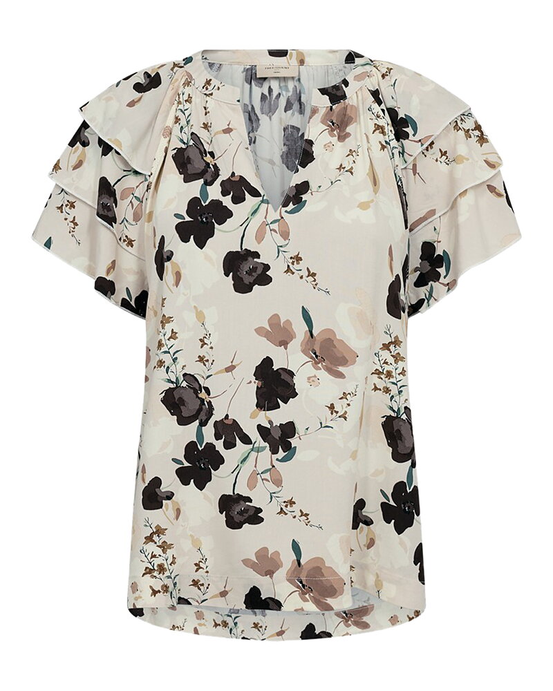 Blus Adney v-ringad blommig brun/ljusbeige