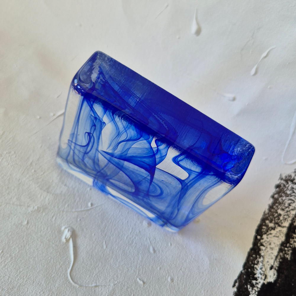vintage GLASBLOCK, dekorativt mönster i blått, Reijmyre glasbruk, , h 11,4 cm  - 2