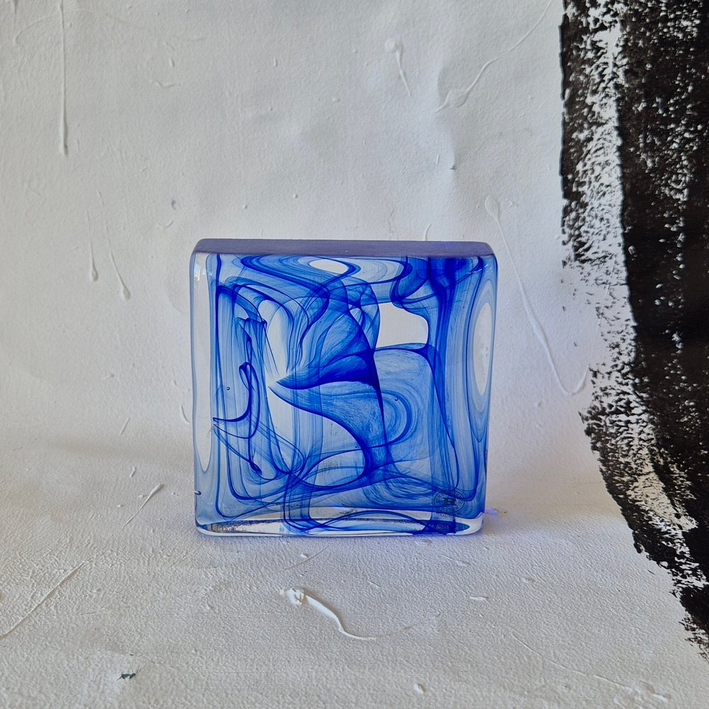 vintage GLASBLOCK, dekorativt mönster i blått, Reijmyre glasbruk, , h 11,4 cm 