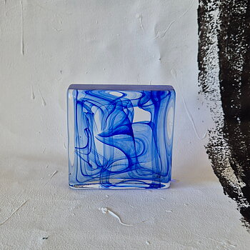 vintage GLASBLOCK, dekorativt mönster i blått, Reijmyre glasbruk, , h 11,4 cm 