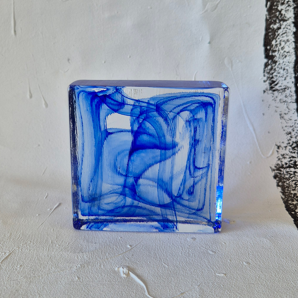 vintage GLASBLOCK, dekorativt mönster i blått, Reijmyre glasbruk, , h 11,4 cm  - 7