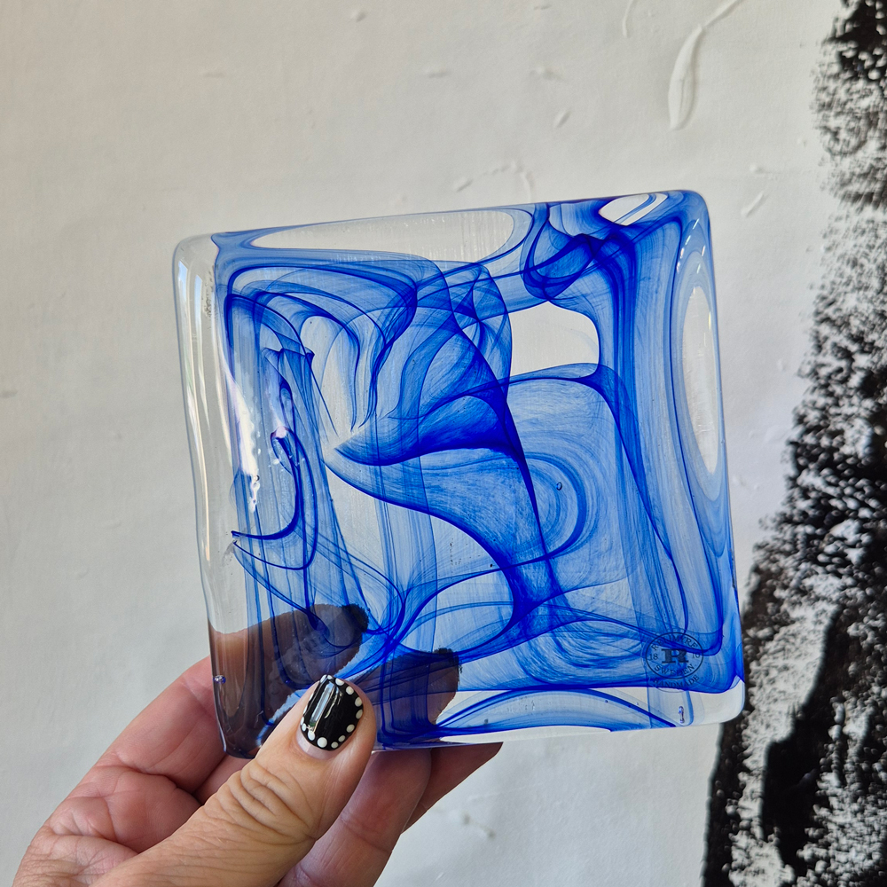 vintage GLASBLOCK, dekorativt mönster i blått, Reijmyre glasbruk, , h 11,4 cm  - 4