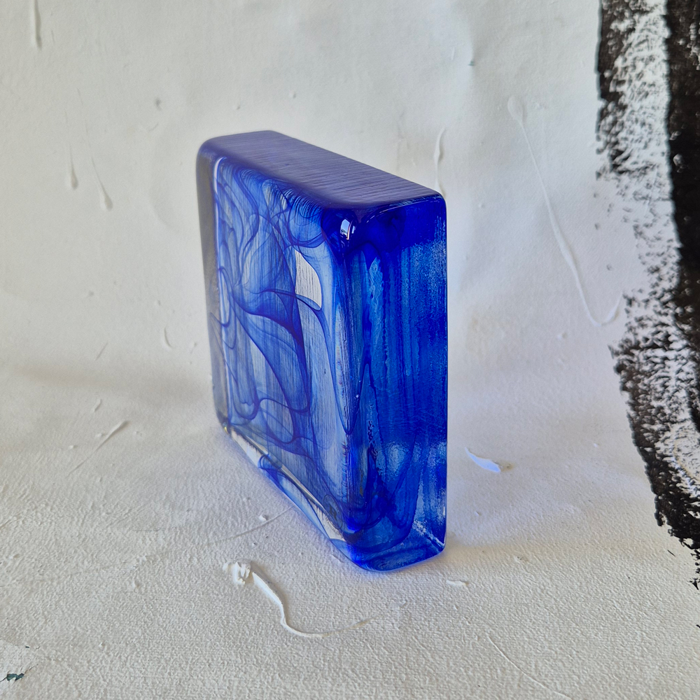 vintage GLASBLOCK, dekorativt mönster i blått, Reijmyre glasbruk, , h 11,4 cm  - 6