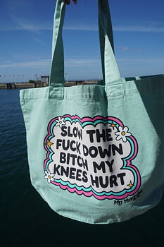 Tote bag mint "slow the f down"
