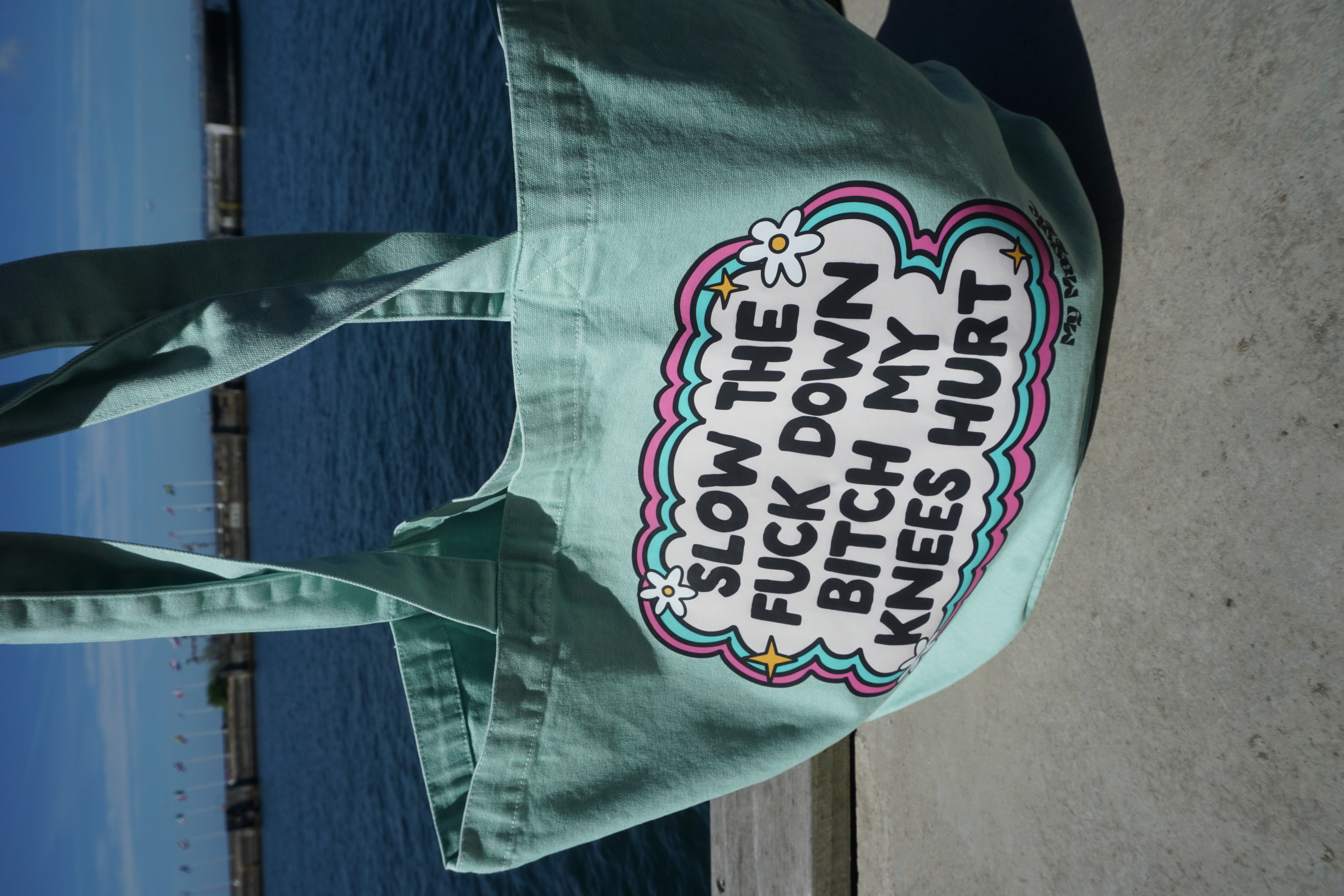 Tote bag mint "slow the f down"