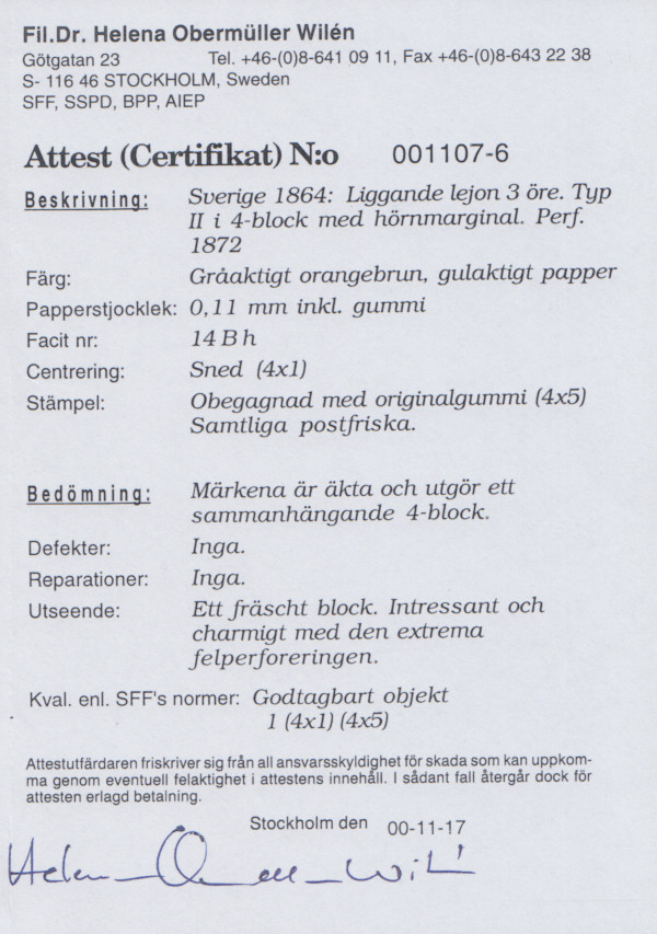 F 14Bh, 3 öre Liggande lejon typ II ** - 2