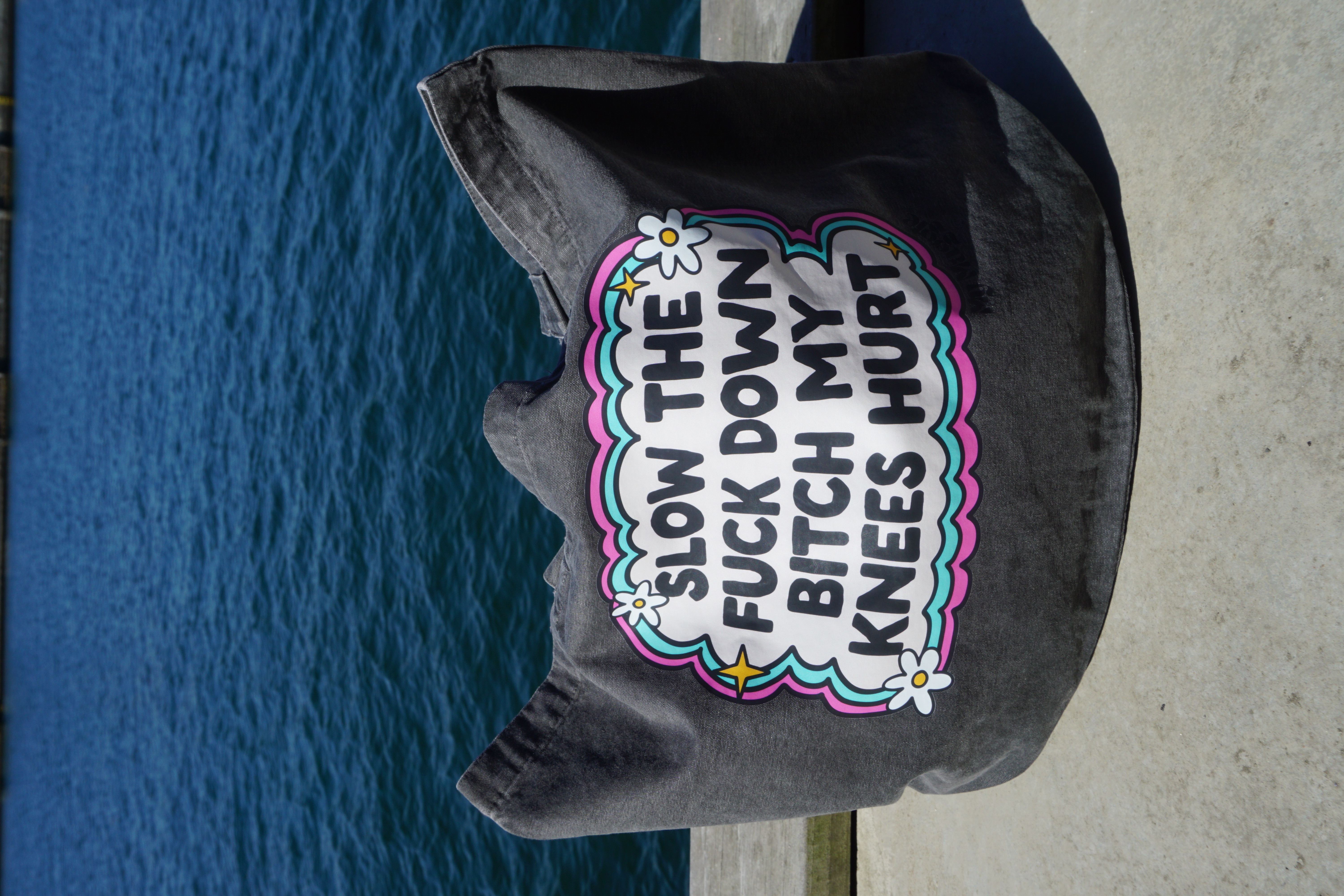 Tote bag black "slow the f down"