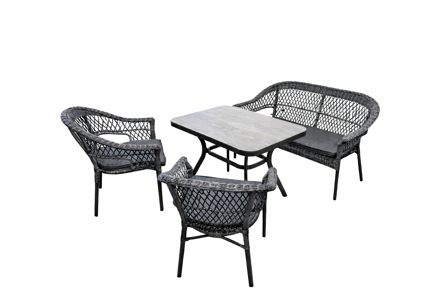 Soffgrupp i konstrotting med aluminiumstomme och dynor i olefintyg