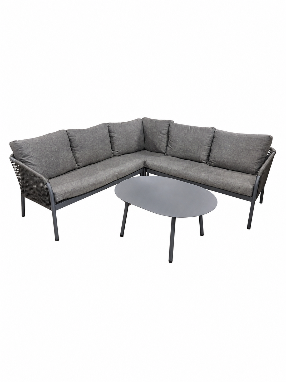 Perry hörnsoffa antracit från Brafab med soffbord i aluminium och konstrotting