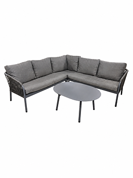 Perry hörnsoffa antracit från Brafab med soffbord i aluminium och konstrotting