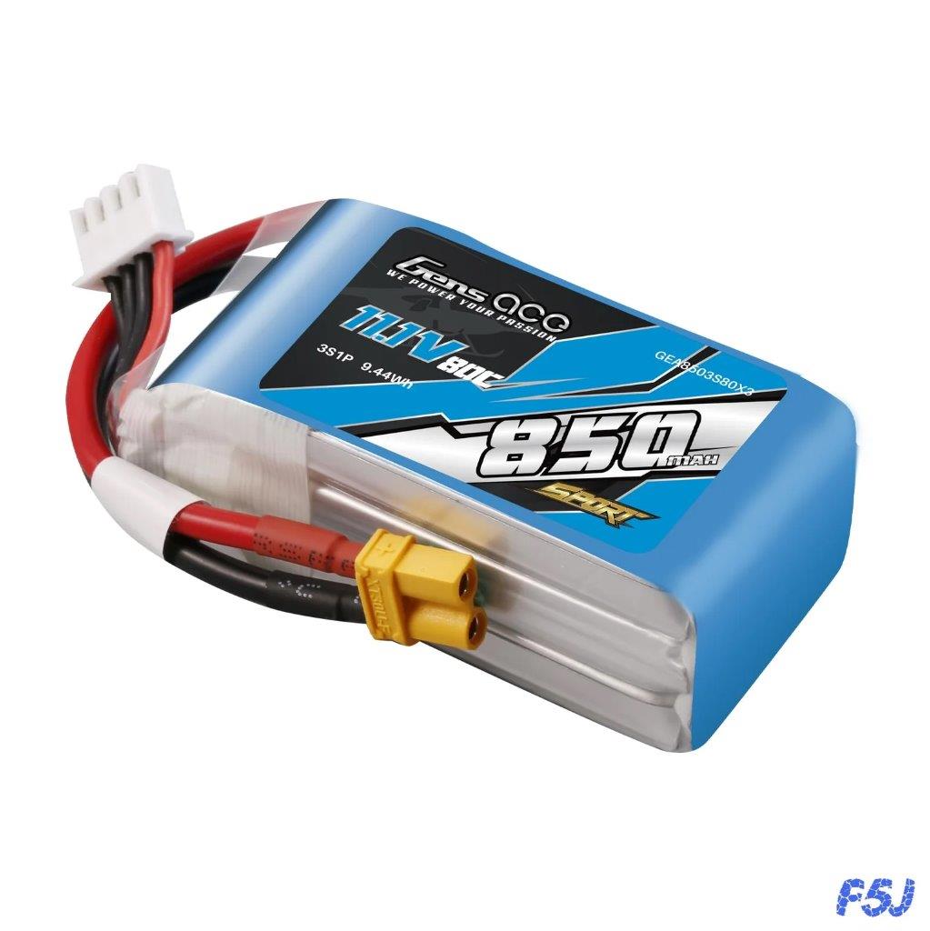GensAce 850mAh 3S 11.1V 80C Lipo Battery Pack with XT30 Plug (F5J) - 3