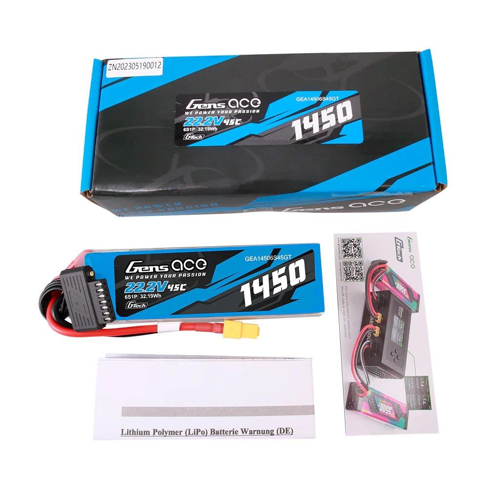 GensAce G-Tech 1450mAh 22.2V 45C 6S1P Lipo Battery Pack with XT60 Plug - 6