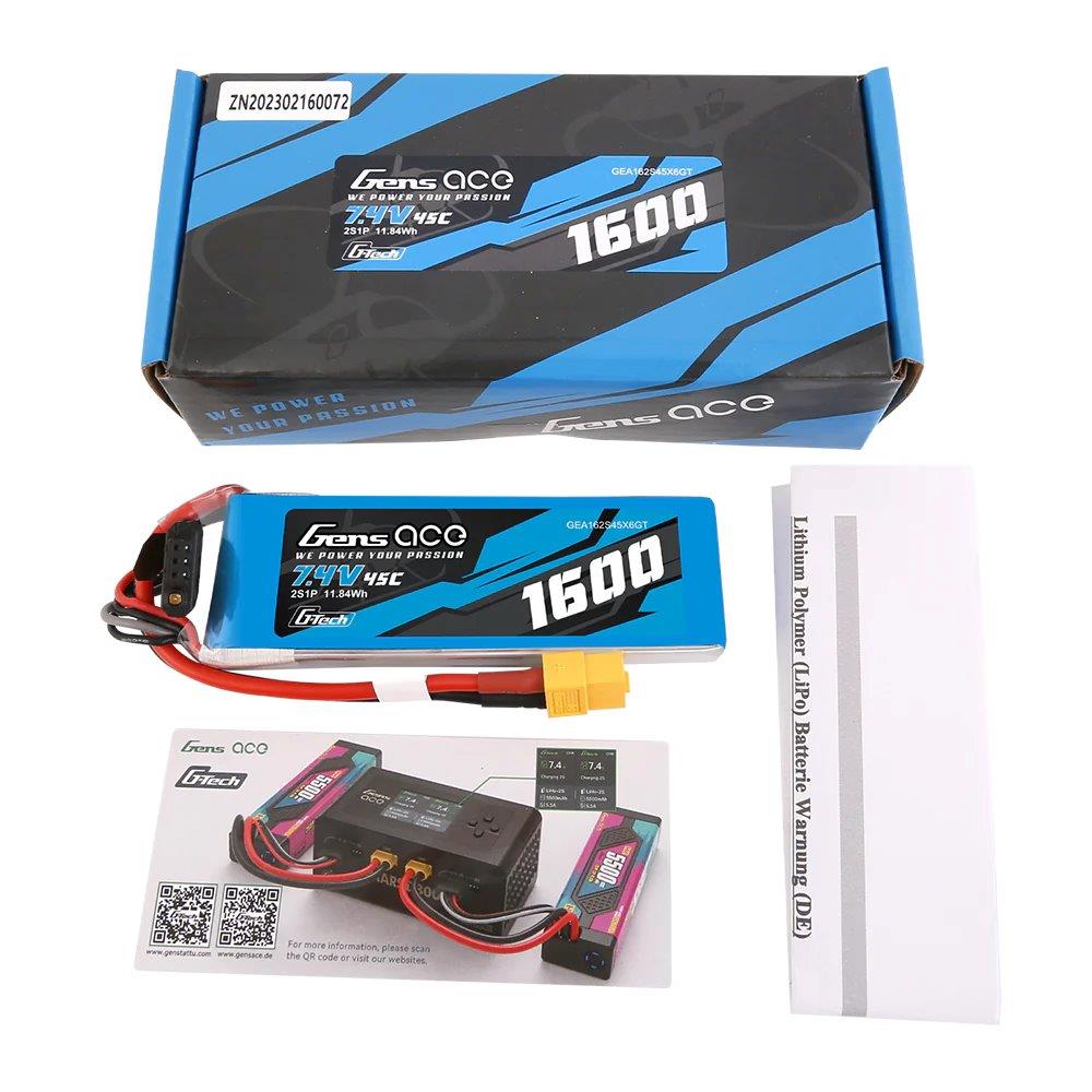 GensAce G-Tech 1600mAh 7.4V 45C 2S1P Lipo Battery Pack with XT60 Plug - 2