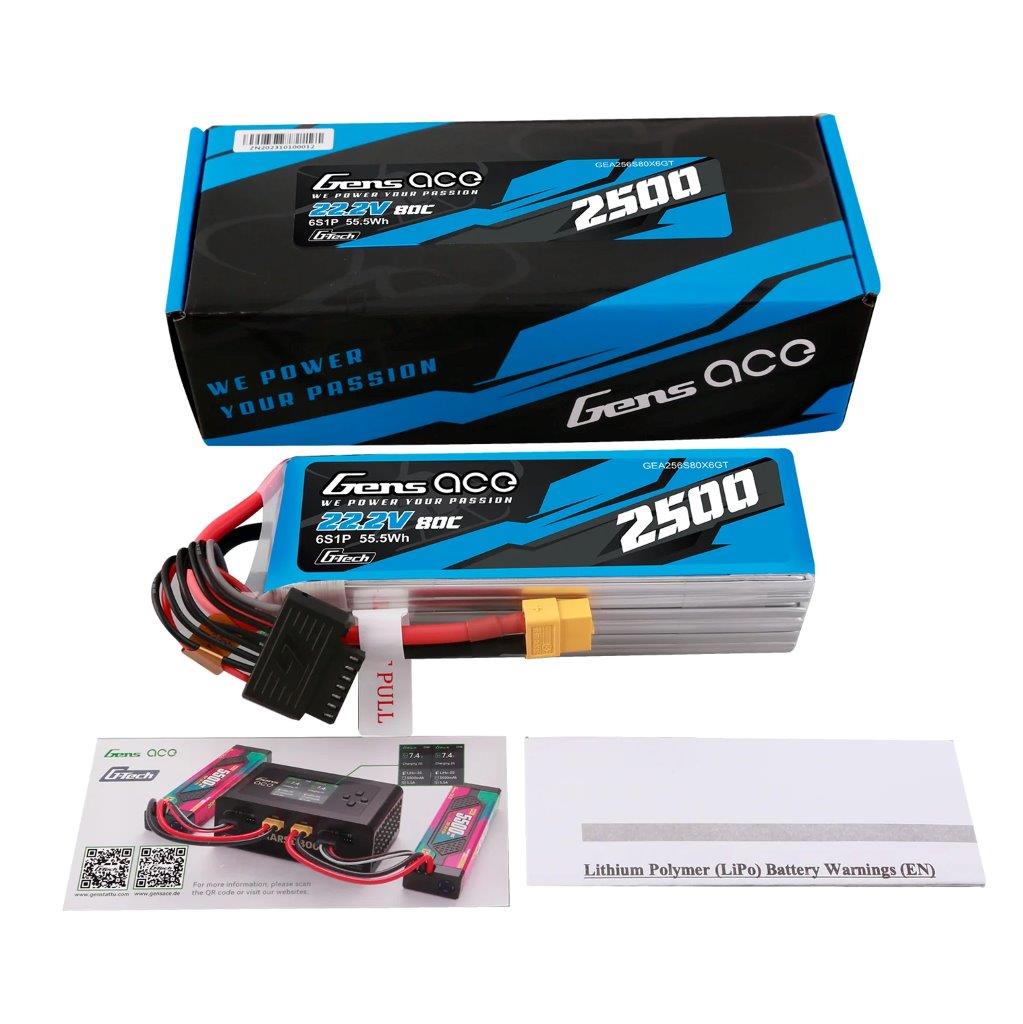 GensAce G-Tech 2500mAh 22.2V 80C 6S Lipo Battery Pack with XT60 plug - 2