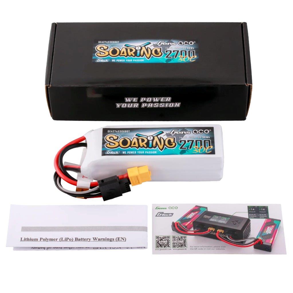 GensAce G-Tech Soaring 2700mAh 14.8V 30C 4S1P LiPo Battery Pack with XT60 Plug - 2