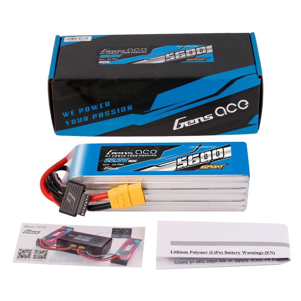 GensAce Sport G-Tech 5600mAh 22.2V 80C 6S1P Lipo BattPack w/ XT90 Plug (700Heli) - 2