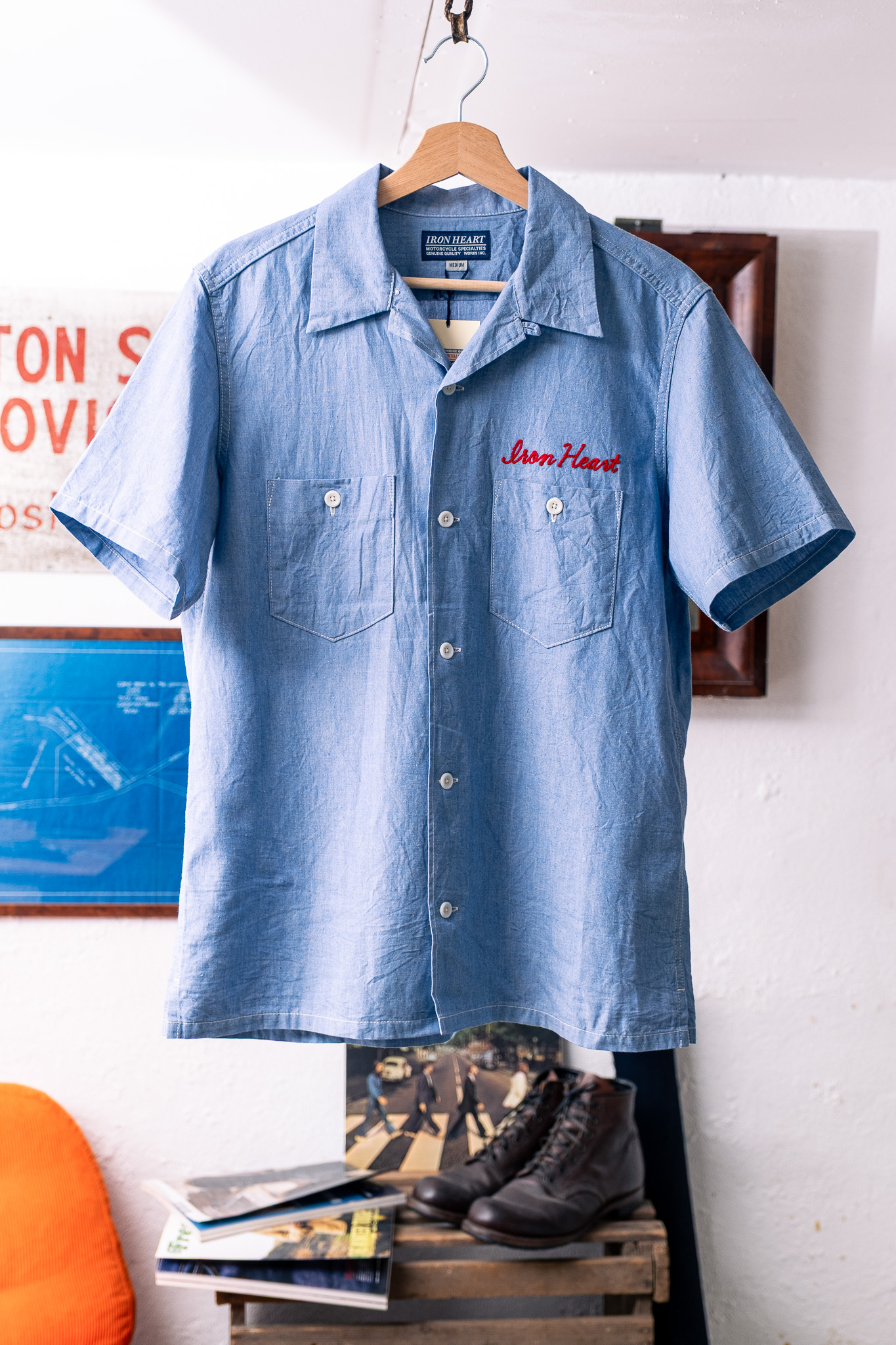 Iron Heart - IHSH-477-SAX 5oz Cotton Linen Open Collar Short Sleeve Shirt Sax Blue