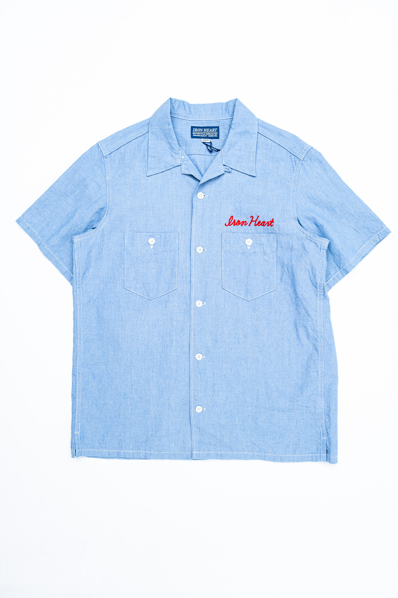 Iron Heart - IHSH-477-SAX 5oz Cotton Linen Open Collar Short Sleeve Shirt Sax Blue - 2