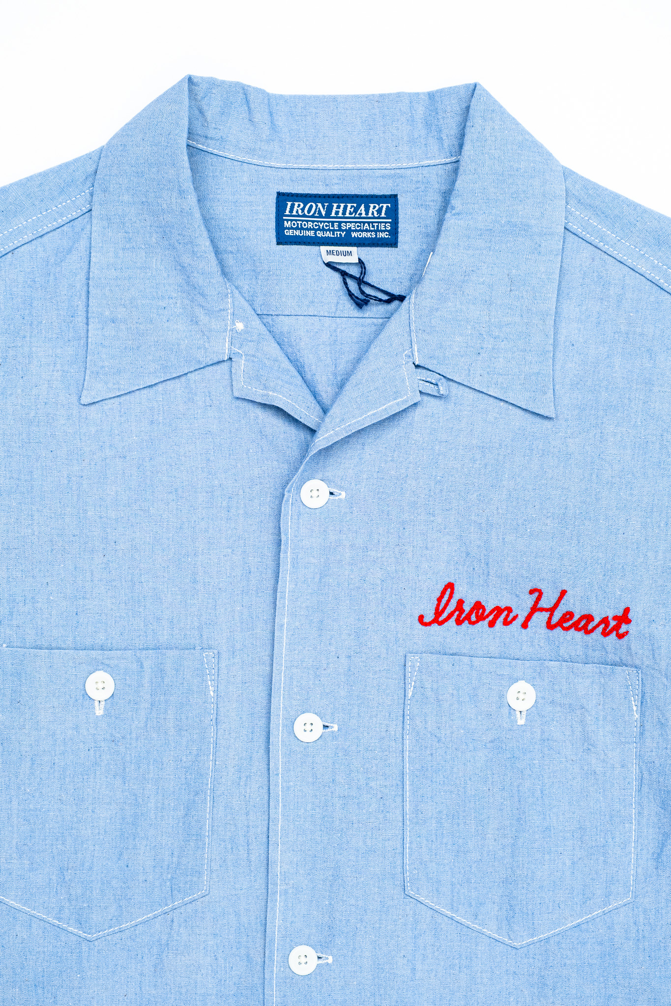 Iron Heart - IHSH-477-SAX 5oz Cotton Linen Open Collar Short Sleeve Shirt Sax Blue - 4
