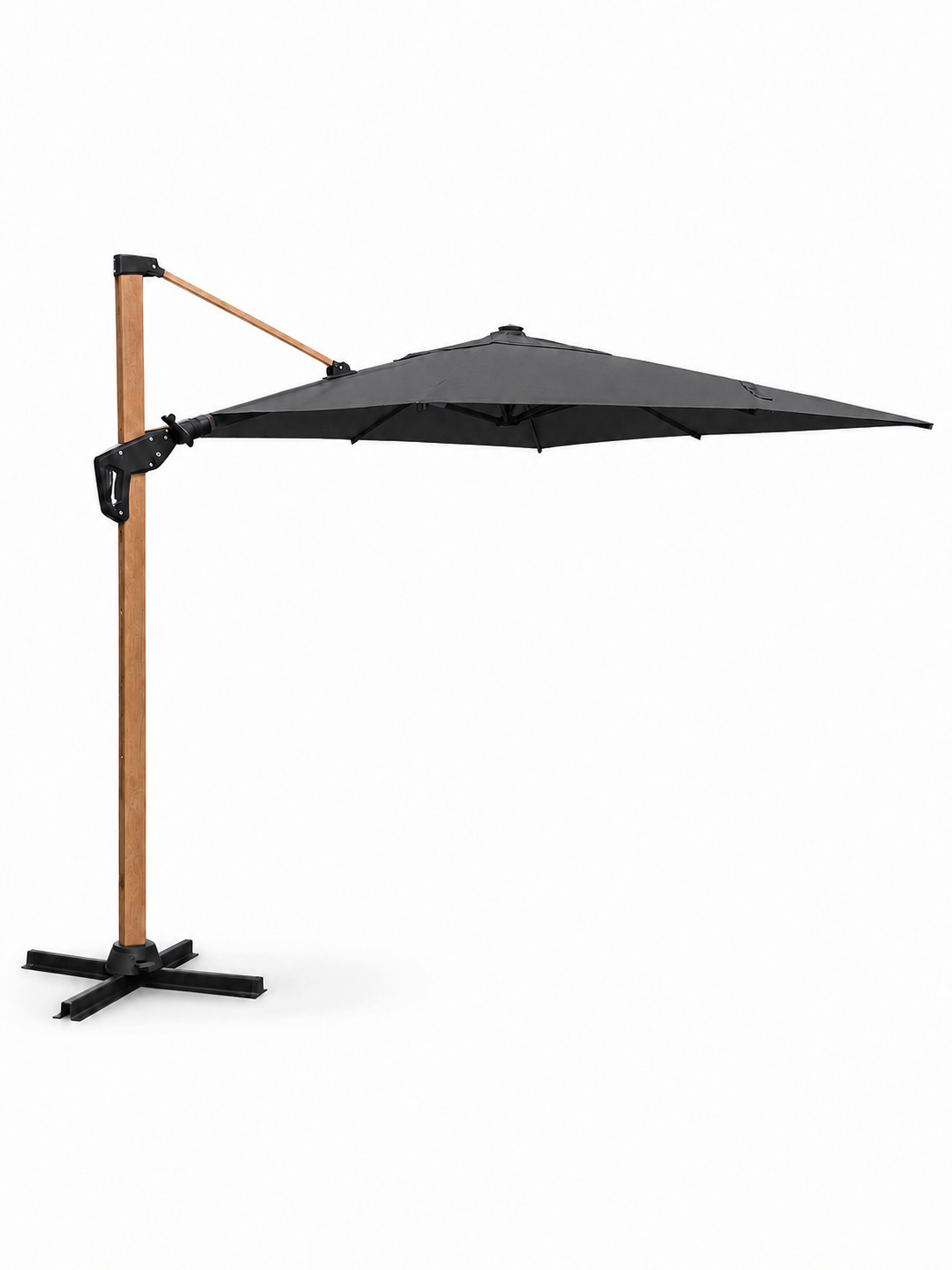 Sidohängt parasoll 300x300 cm i träimitation och grått tyg hos Åsen Sommarmöbler i Vara