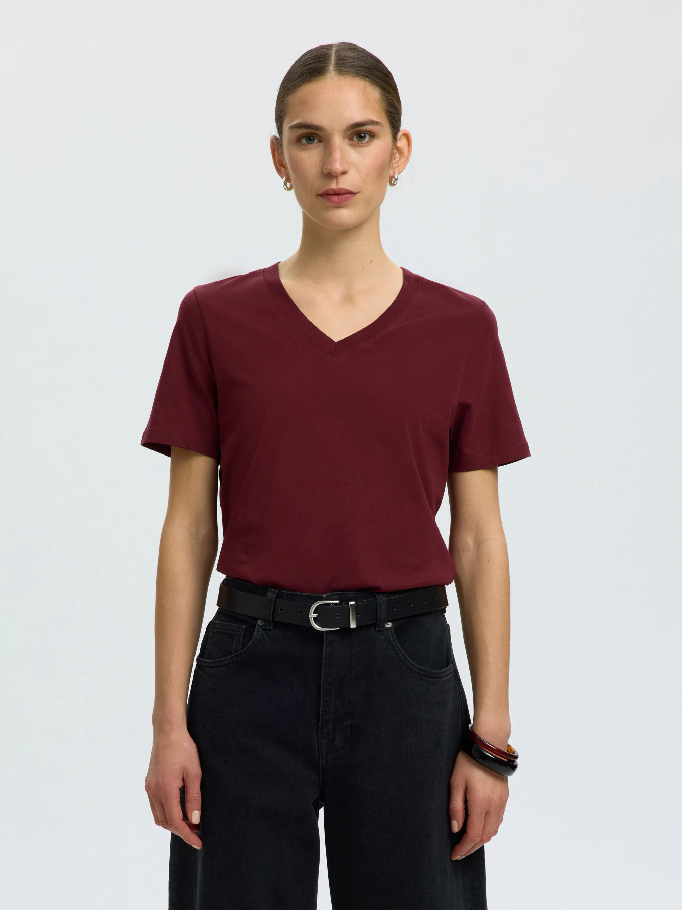 SLWESSENTIAL SS V-NECK TEE NOOS Tawny Port - 2