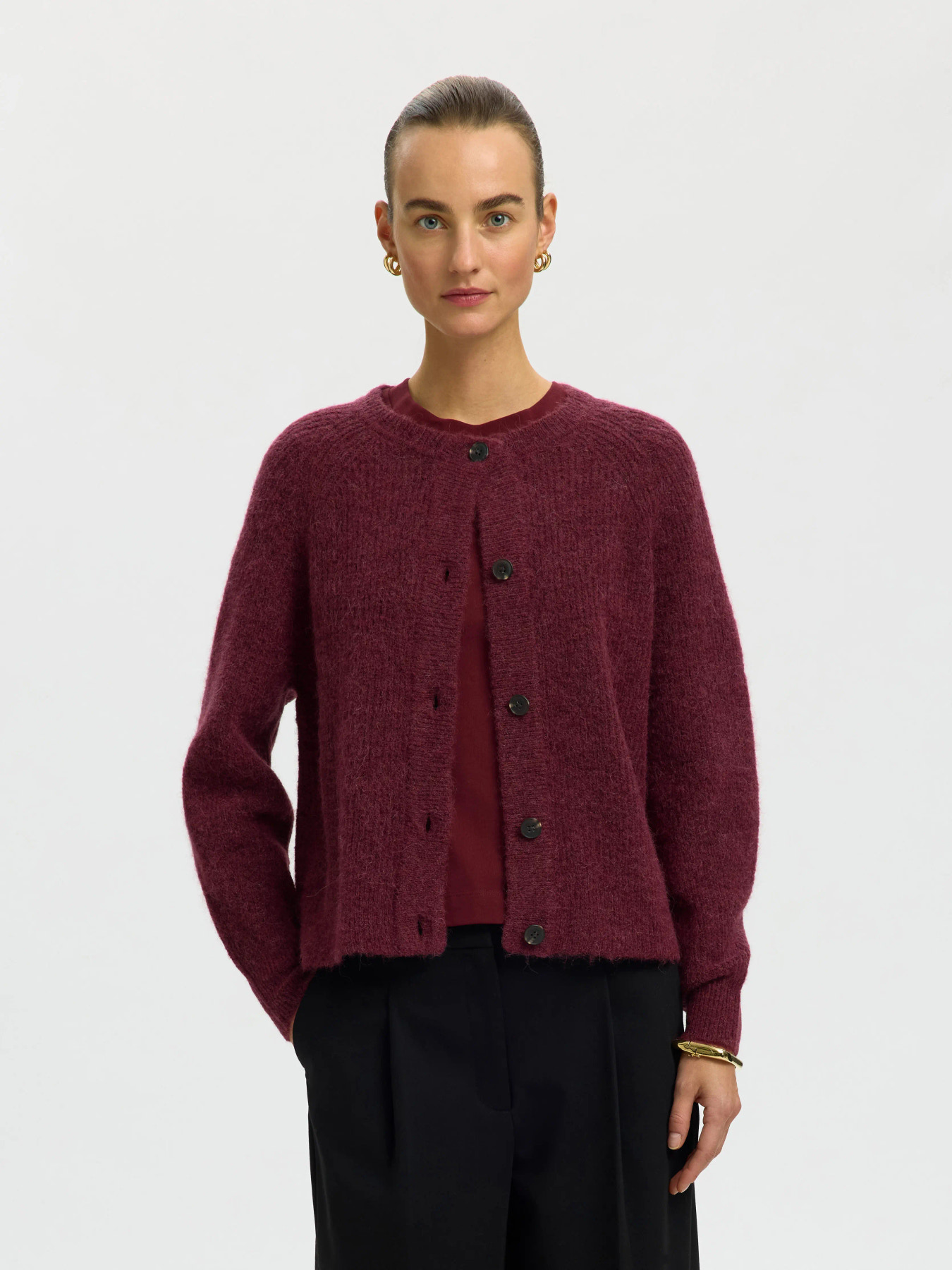 SLWLULU LS KNIT SHORT CARDIGAN NOOS Tawny Port MELANGE - 3