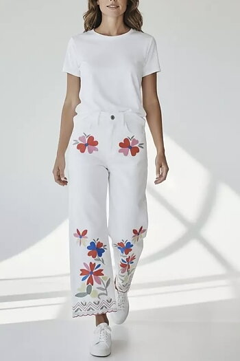 Qnuz - Boheme Jeans w Embrodery White