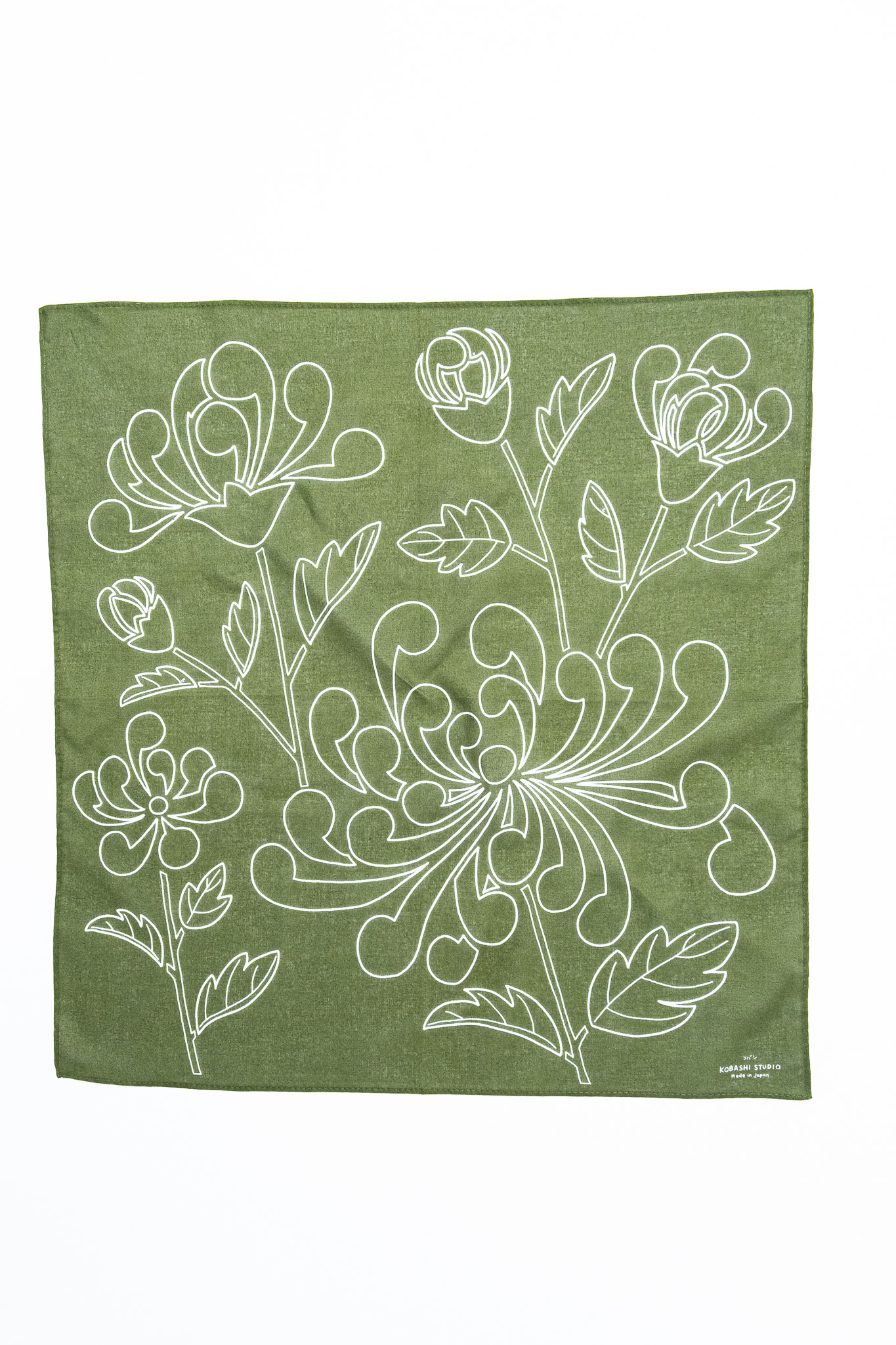 Kobashi Studio - Japanese Chrysanthemum Bandana Olive Green “Miru-Iro” - 2