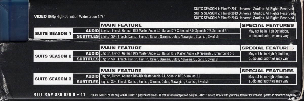 Suits - Seasons 1 - 3 (ej svensk text) (Pappfodral är lite skadat) (Blu-ray) (Begagnad) - 3