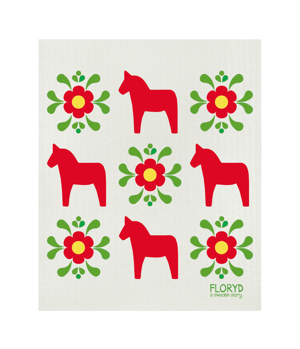 Eco-Friendly Dishcloth with Red Dala Horses and Kurbits Flowers