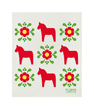 Miljövänlig disktrasa med röda dalahästar och kurbitsblommor