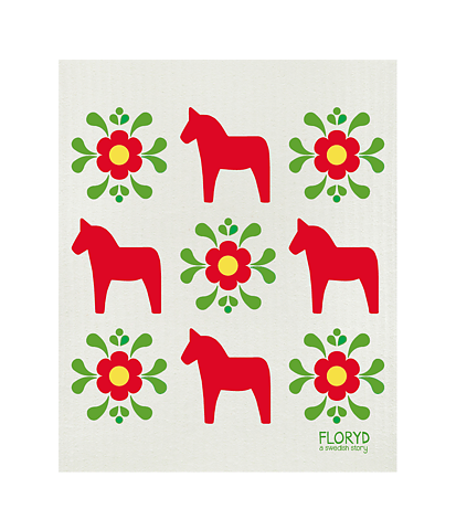 Miljövänlig disktrasa med röda dalahästar och kurbitsblommor