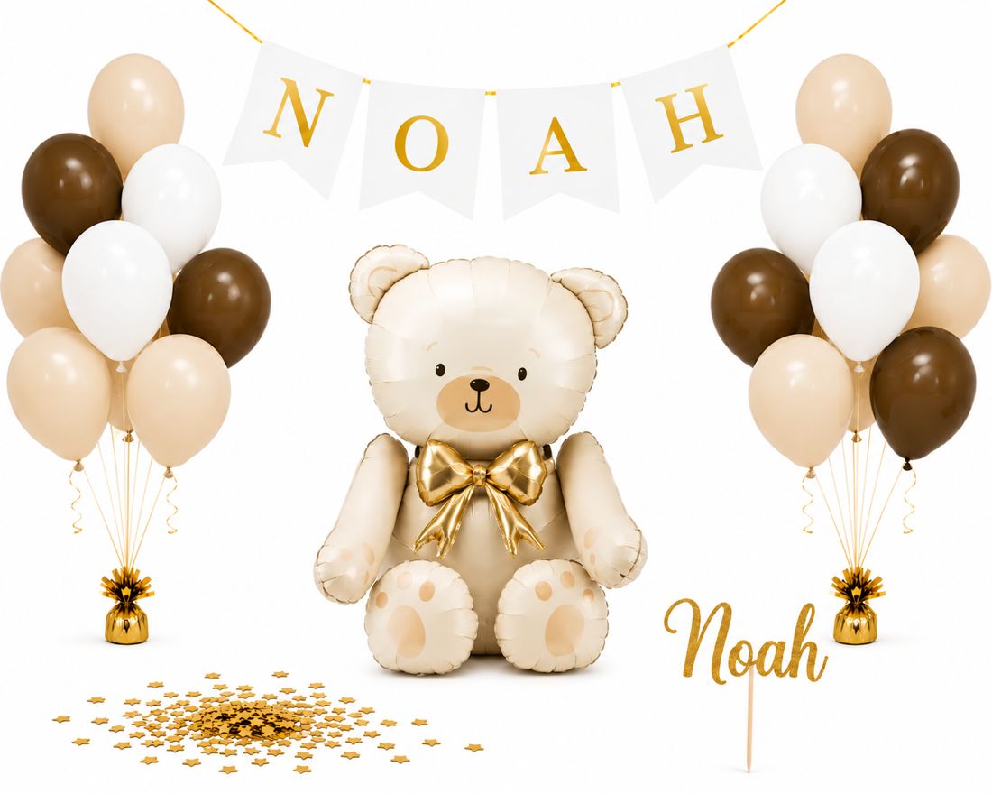 Teddy Bear Doppaket Beige med valfritt namn, teddyballong, ballongbuketter, namngirlang och topper till dop