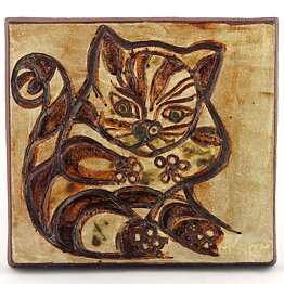 Mette Høm (1960s) Brown/Yellow Wall Plaque with Cat Motif 23 cm