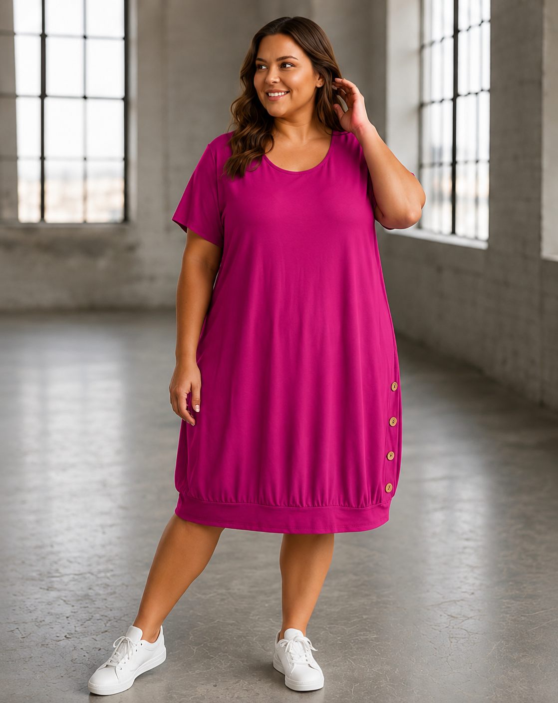 Klänning med knappar, fuchsia 