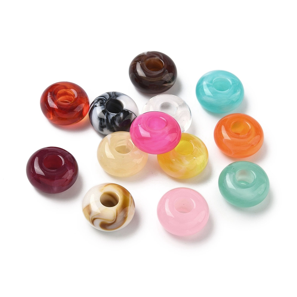 Akrylpärlor rondell mix 14 mm, tvåtonade pärlor i imiterad stenlook med mixade färger och stort hål ca 5 mm, visade i grupp.