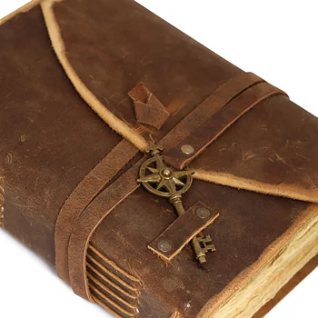 Vintage skinninbunden grimoarjournal med dekorativ nyckel handgjord läderjournal 15×20 cm - R K Handicrafts Craft Junky