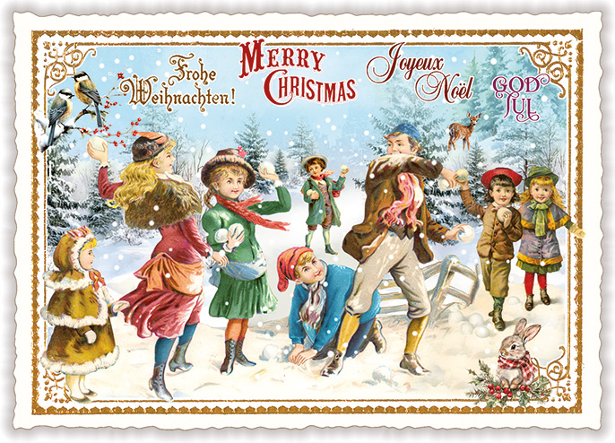 Merry Christmas, snowball fight, Postcard