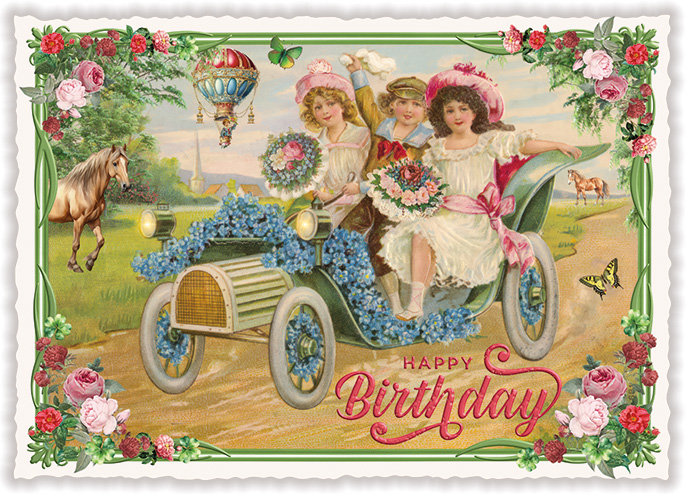 Happy Birthday, Children in car, Postcard