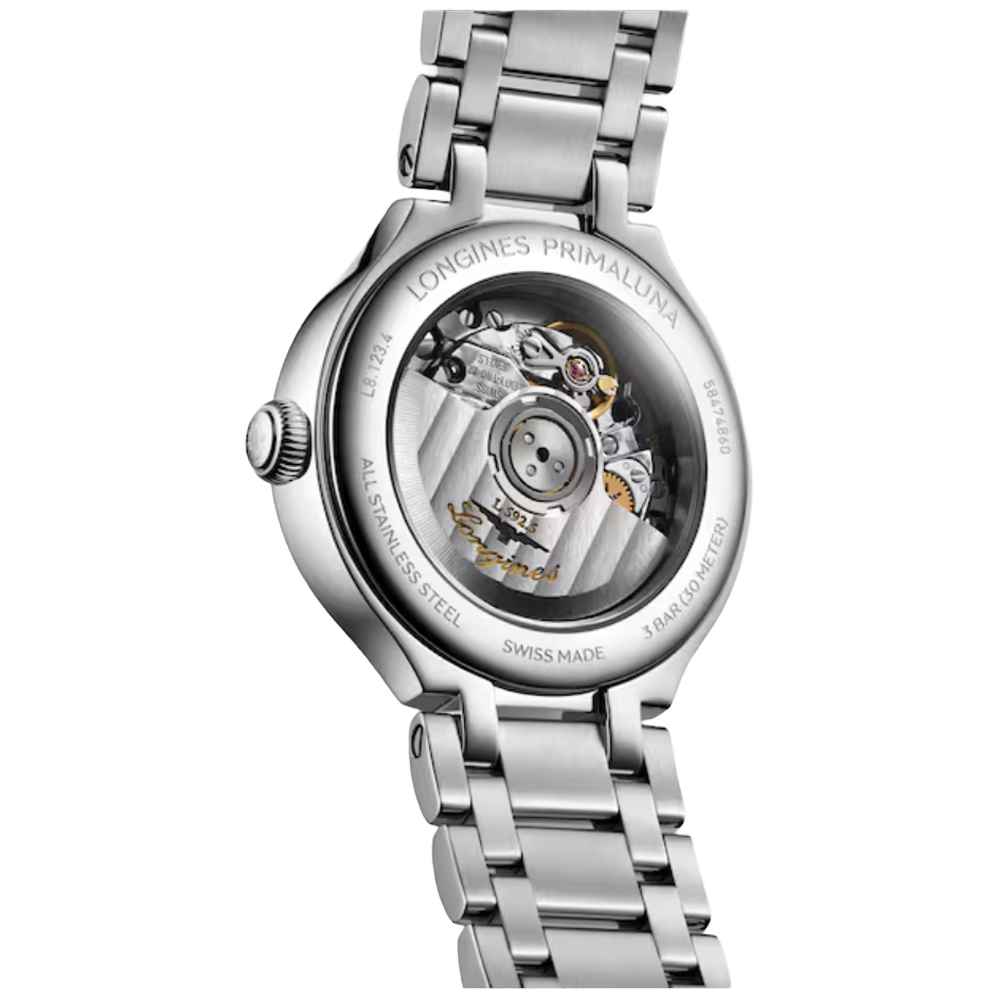 L8.123.4.07.6 Longines Primaluna grön pärlemor med diamant index 30 baksida