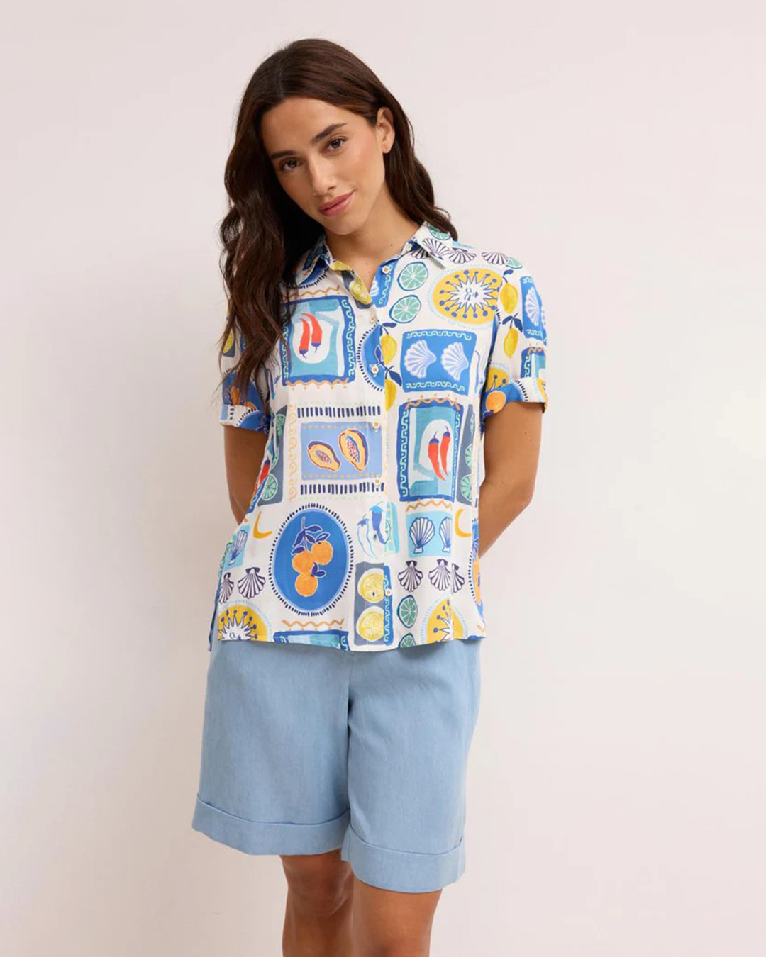 Skjortblus Enola mönster blå/gul/vit