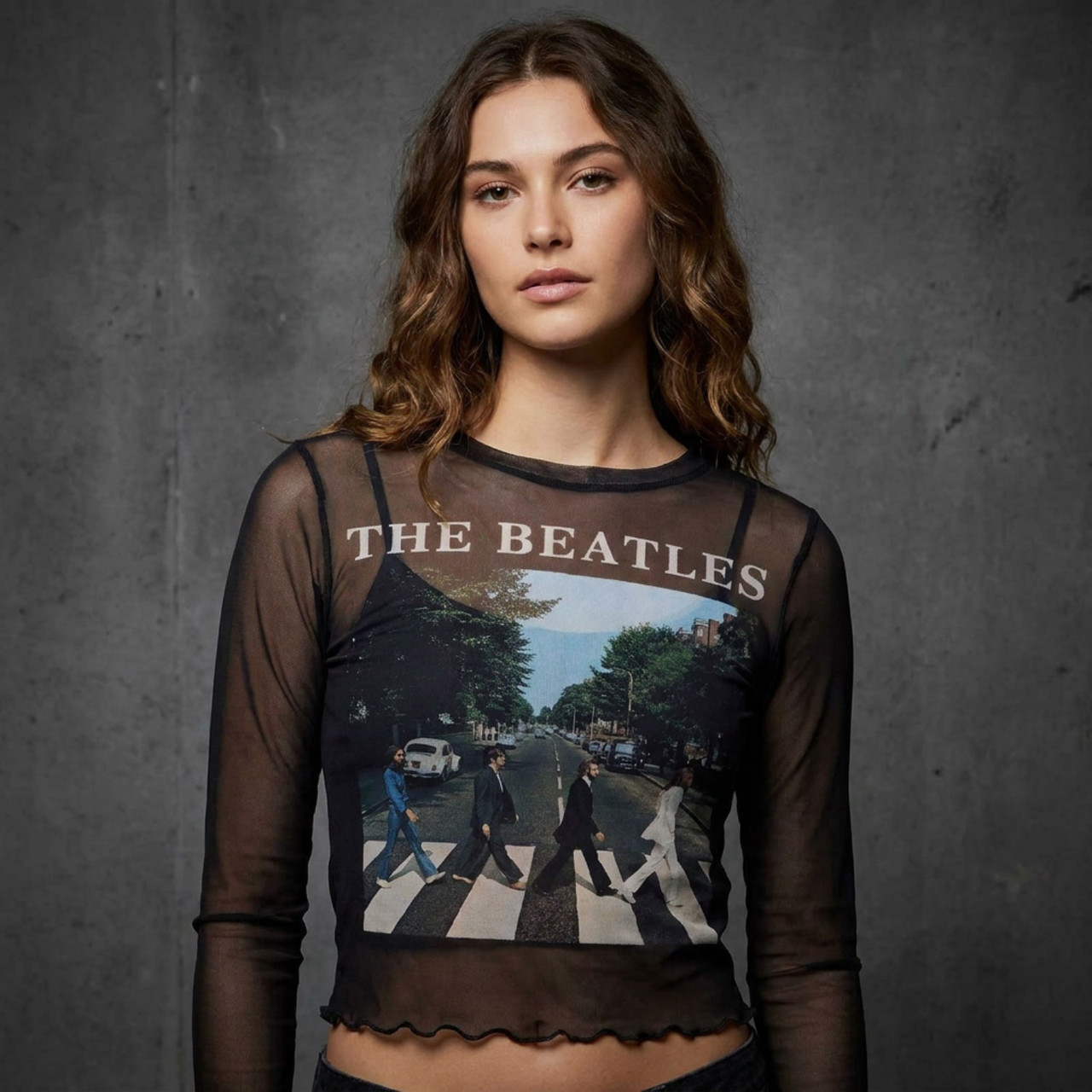 The Beatles Langermet Mesh-Crop-Top For Damer: Abbey Road &amp; Logo (svart)