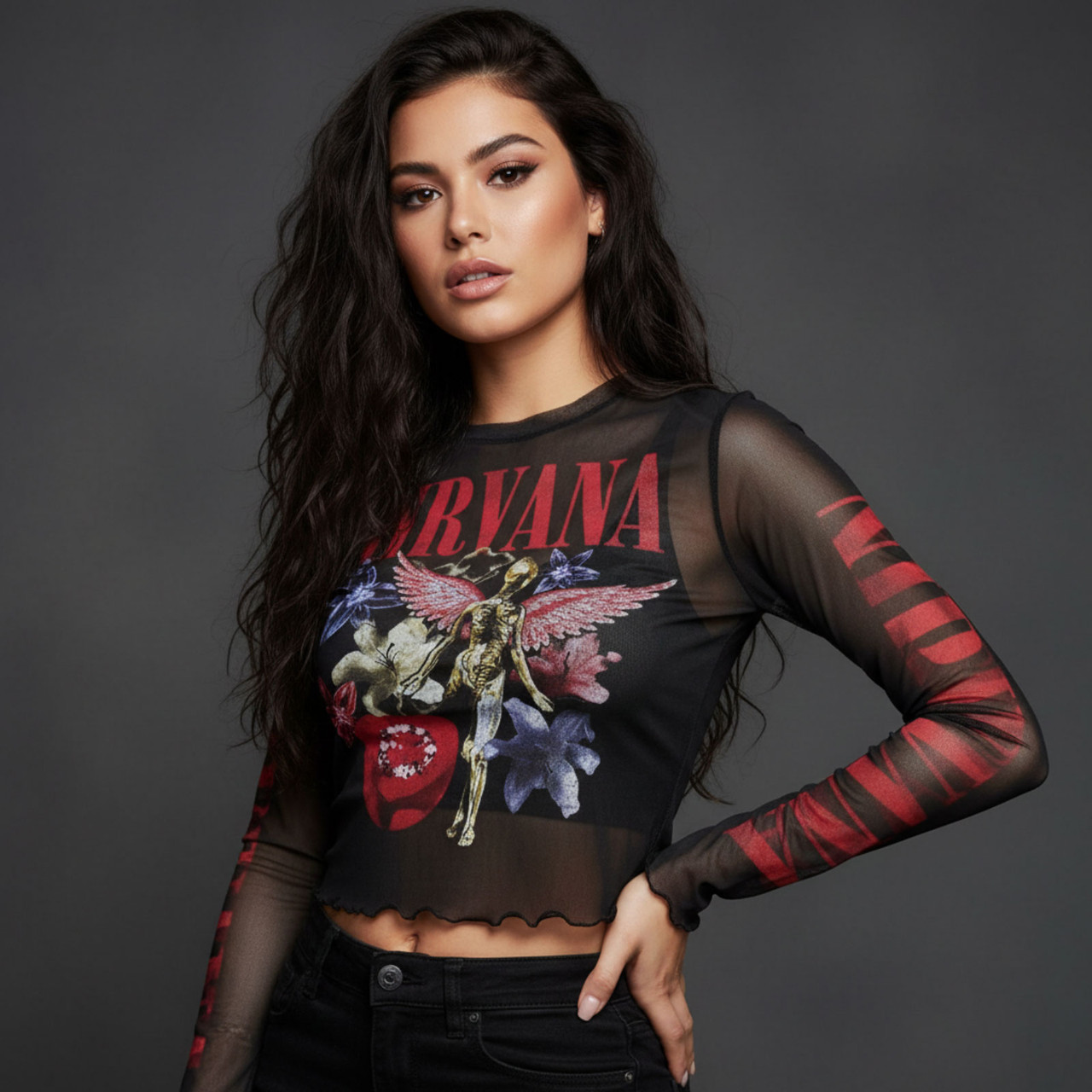 Nirvana Langærmet Mesh-Crop-Top Til Kvinder: In Utero Vintage Collage (Sort)