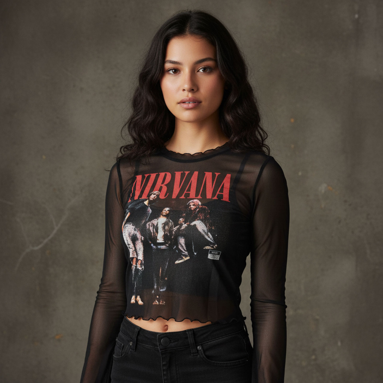 Nirvana Naisten Pitkähihainen Mesh-Crop-Toppi: In Utero Band Photo (Musta)