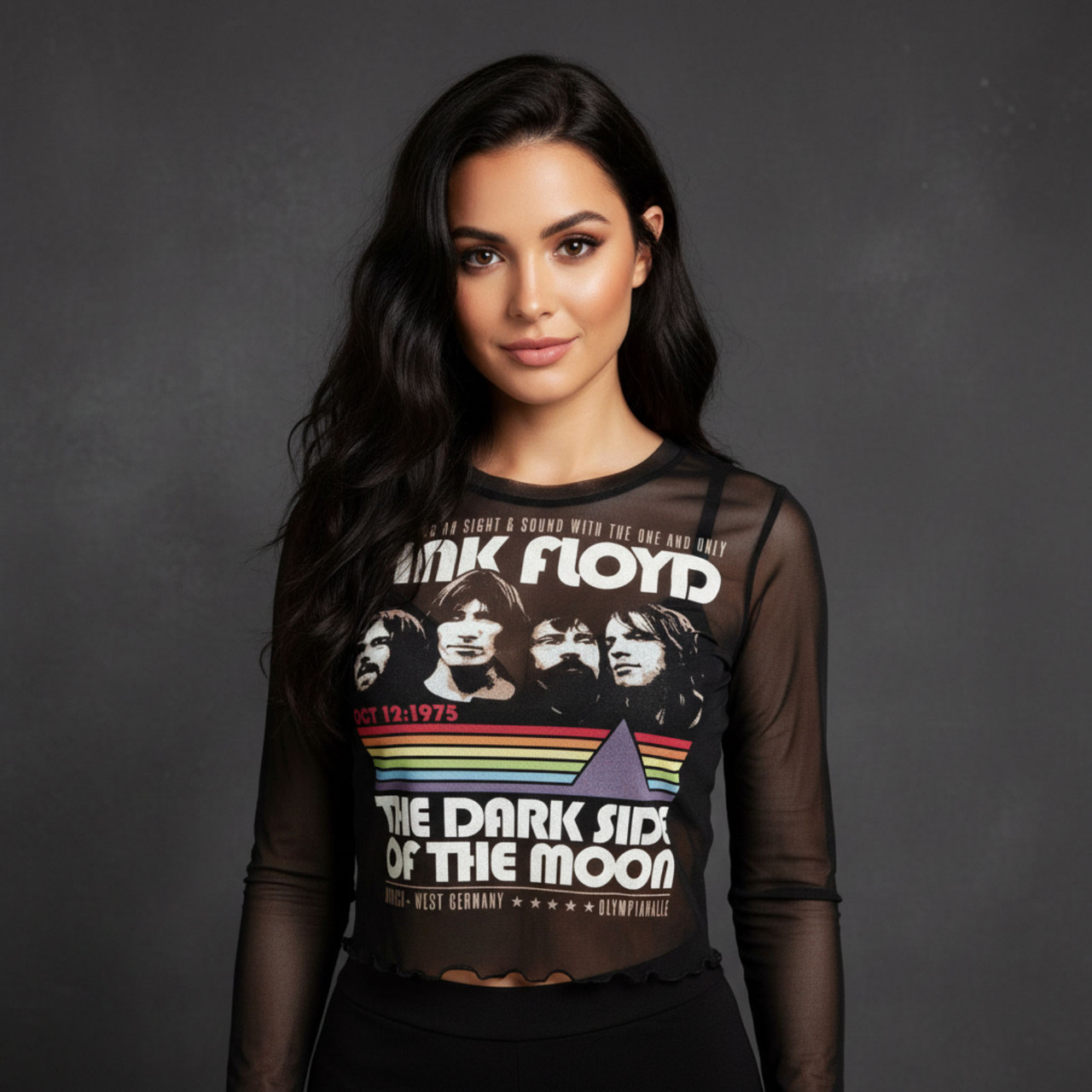 Pink Floyd Ladies Long Sleeve Mesh Crop Top: Vintage Stripes (Black)