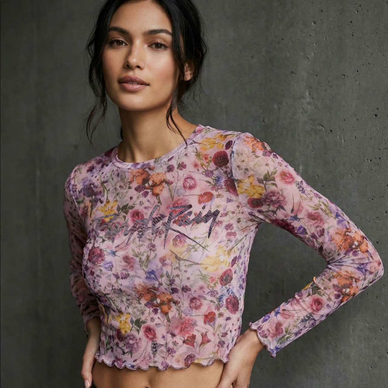 Prince Dam Langermet Mesh-Crop-Top:  Purple Rain Logo Floral (Rosa)