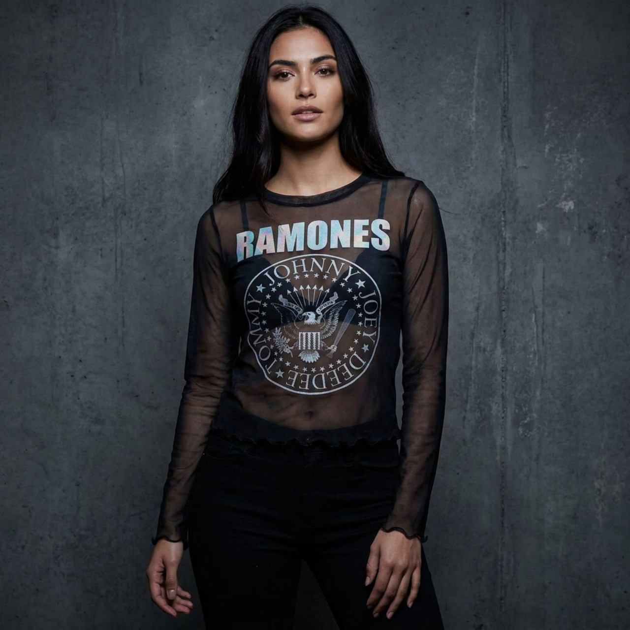Ramones Dam Långärmad Mesh Crop Top: Presidential Seal (Svart)