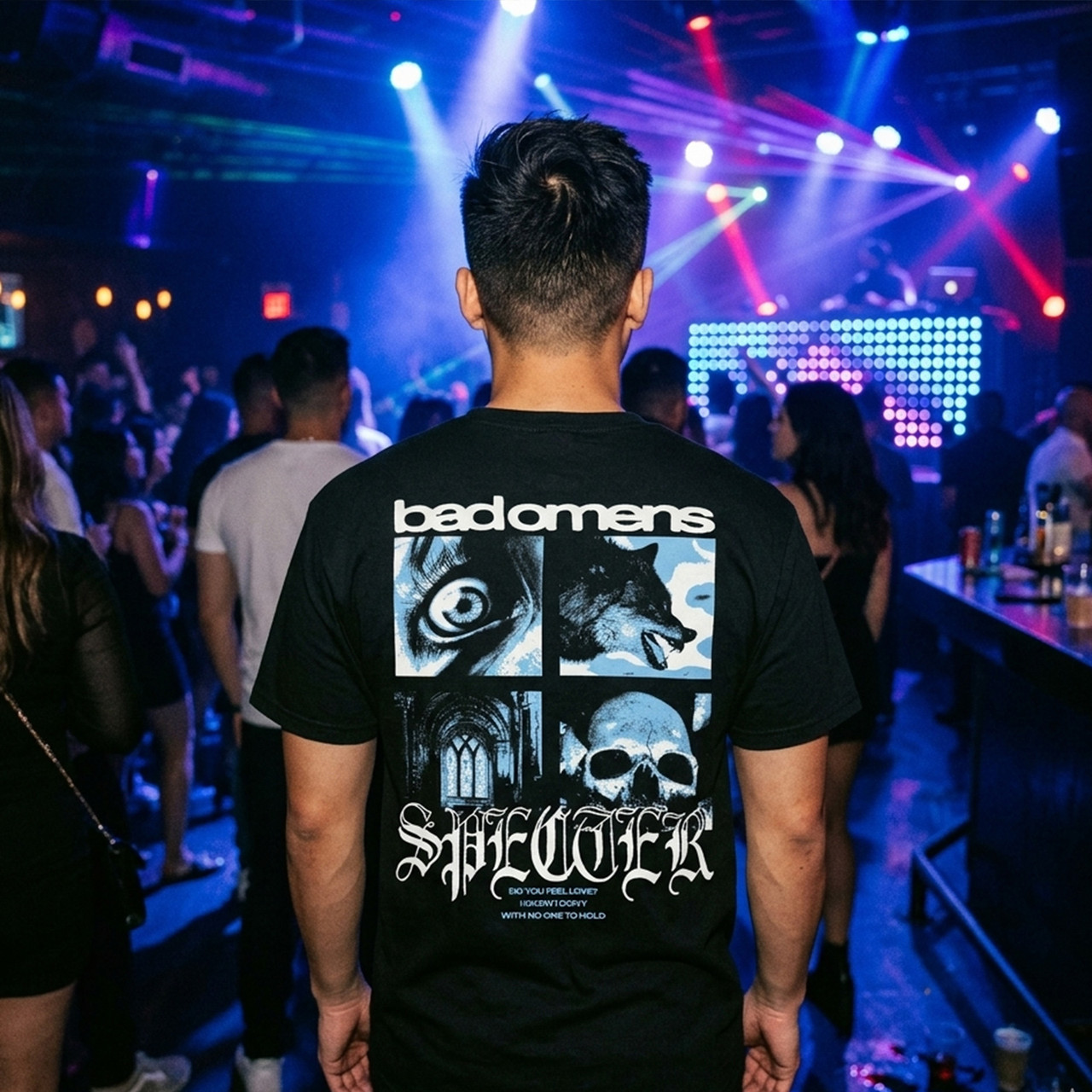 Bad Omens Unisex Premium Carbon -T-paita: Specter Collage (Musta) (Selkäpainatus)