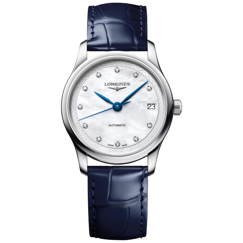 L2.450.4.87.2 Longines Master Collection 34 pärlemor med diamant index och alligatorband